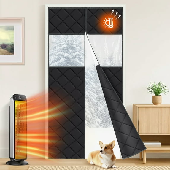 Lapalife Magnetic Thermal Insulated Door Curtain with Perspective Window, Fits 35" x 82" Doors Waterproof Windproof Door Screen Insulation Cover to Keep Warm in Winter, Black