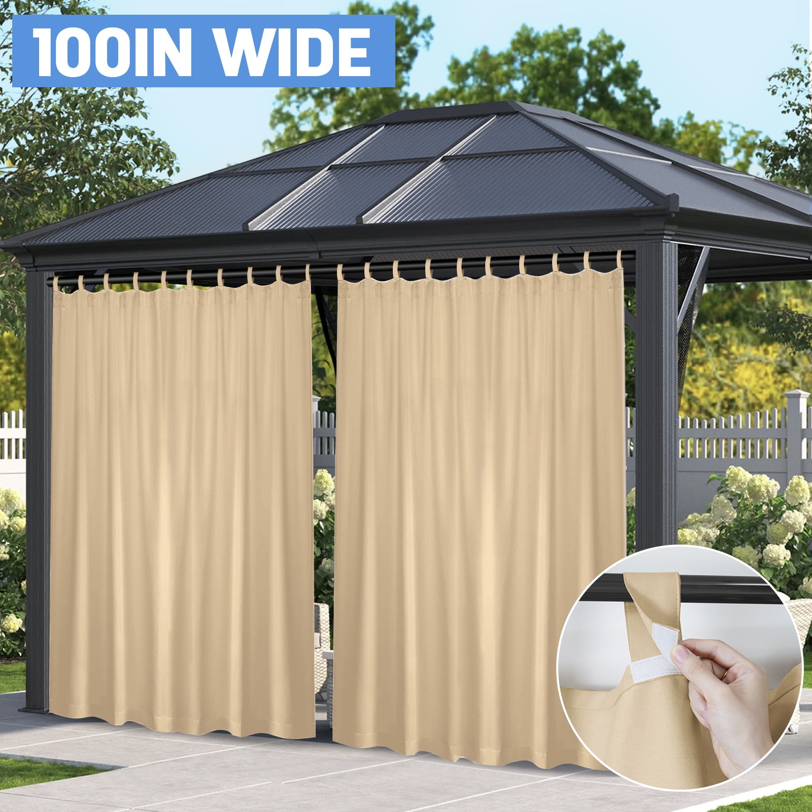 Lapalife Outdoor Curtain for Patio Waterproof Extra Wide, Tap Top Blackout Curtain Thermal Insulated Drapes, 1 Panel, 100''x 84'', Beige