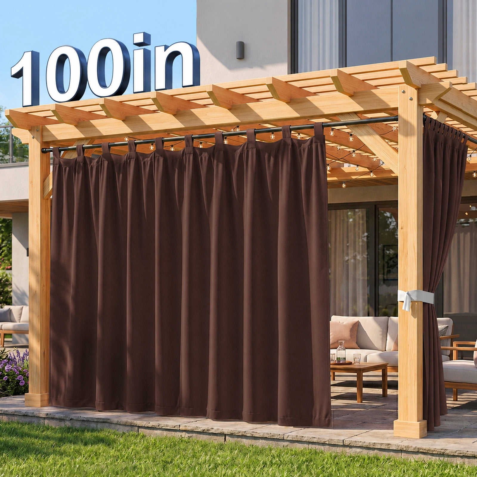 Lapalife Outdoor Curtain for Patio Waterproof Extra Wide, Tap Top Blackout Curtain Thermal Insulated Drapes, 1 Panel, 100''x 84'', Brown