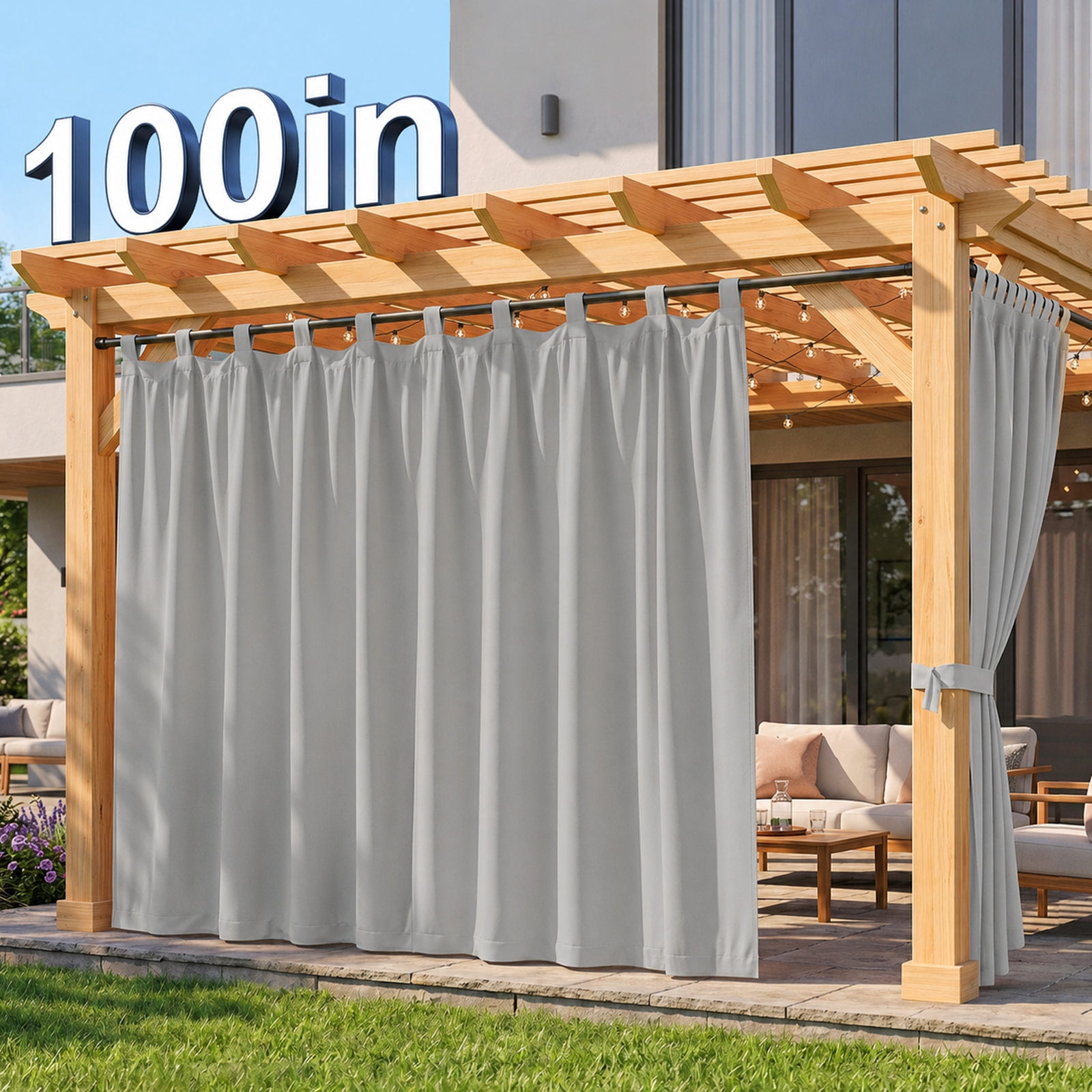 Lapalife Outdoor Curtain for Patio Waterproof Extra Wide, Tap Top Blackout Curtain Thermal Insulated Drapes, 1 Panel, 100''x 96'', Gray