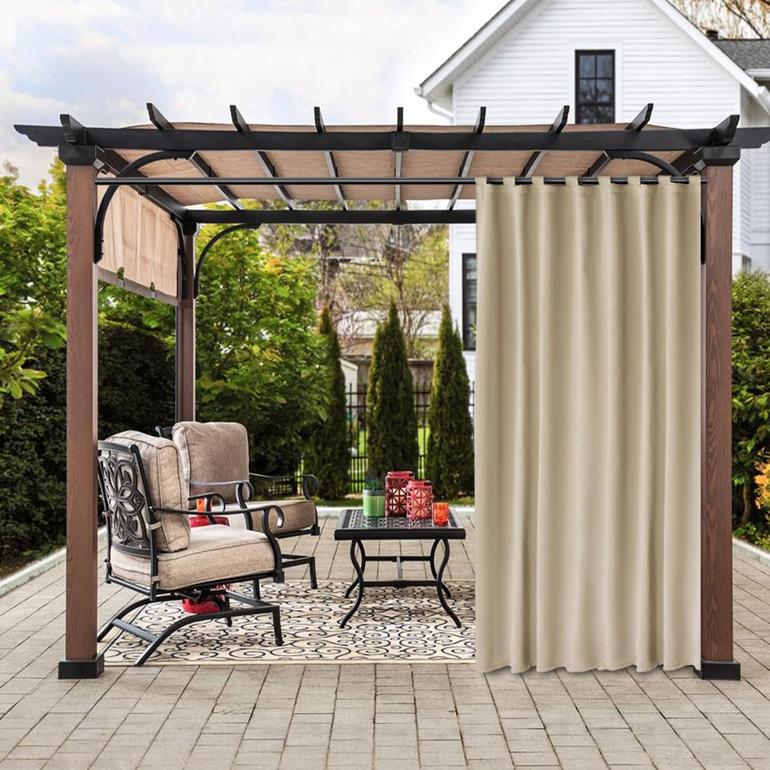 Lapalife Outdoor Curtains for Patio Waterproof, Extra Wide Detachable Top Thermal Insulated Outdoor Blackout Curtains Drapes for Porch Pergola Gezebo, 1 Panel, 100''x 96'', Beige