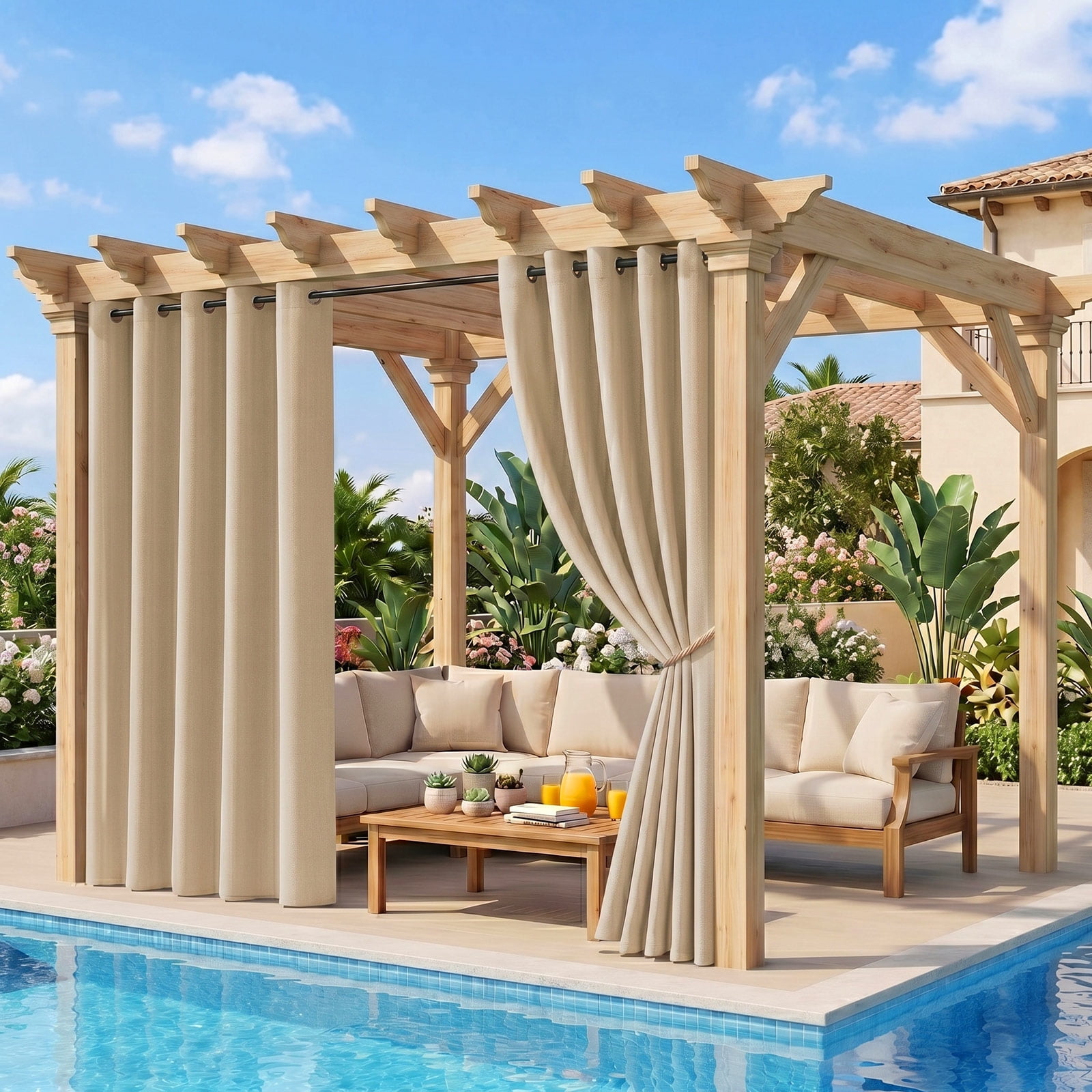 Lapalife Outdoor Curtains for Patio Waterproof W71xL108, Blackout Weighted Outside Curtains Weatherproof UV Resistant Privacy for Porch, Pergola, Beige, 1 Panel