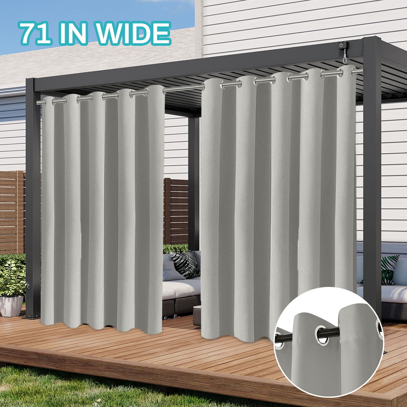 Lapalife Outdoor Curtains for Patio Waterproof W71xL84, Blackout Weighted Outside Curtains Weatherproof UV Resistant Privacy for Porch, Pergola, Light Gray, 1 Panel
