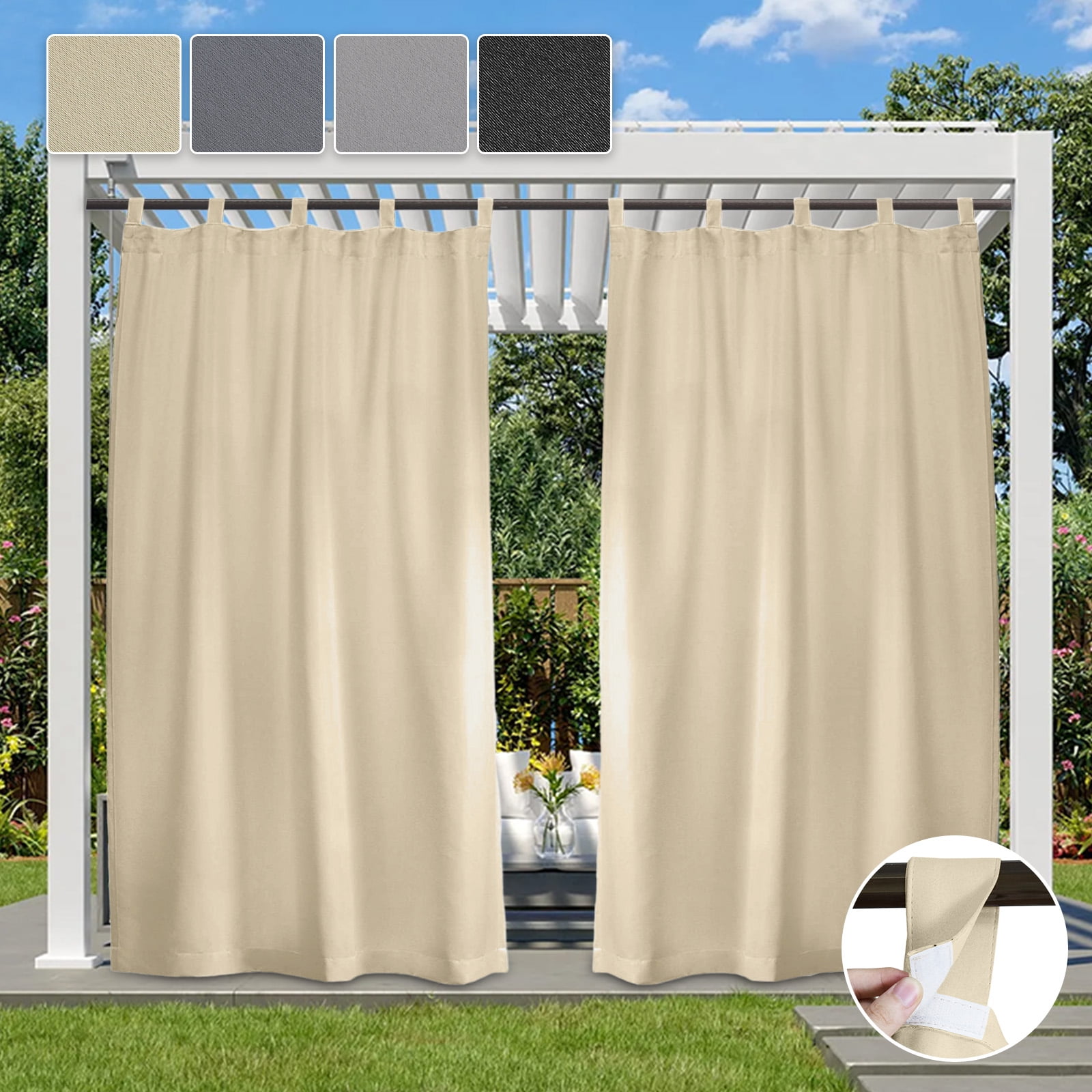 Lapalife Outdoor Patio Curtains Waterproof, Tab Top 52" x 84" Blackout Privacy Thermal Insulated Curtains for Pergola Porch, 1 Panel, Beige