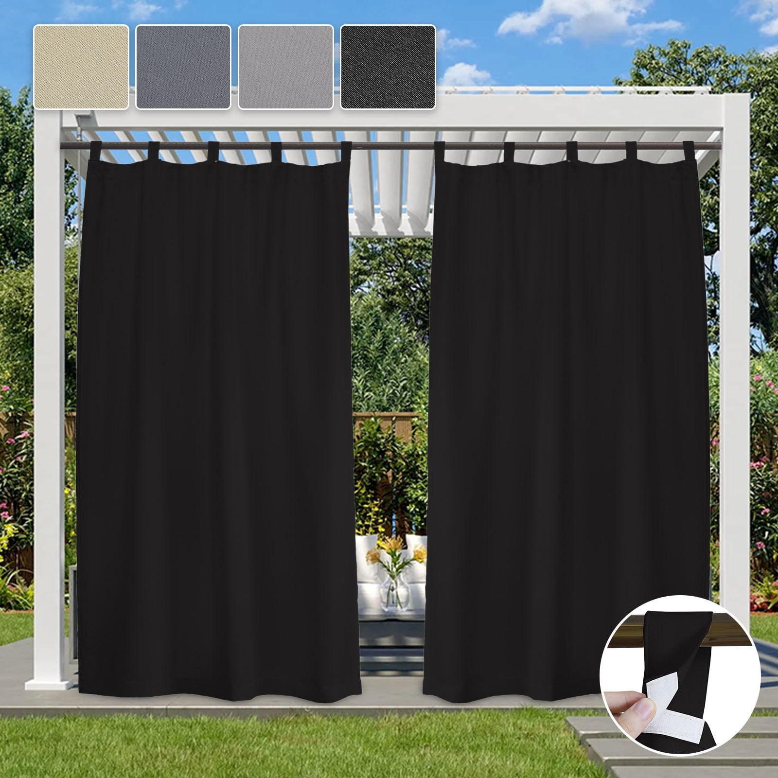 Lapalife Outdoor Patio Curtains Waterproof, Tab Top 52" x 84" Blackout Privacy Thermal Insulated Curtains for Pergola Porch, 1 Panel, Black