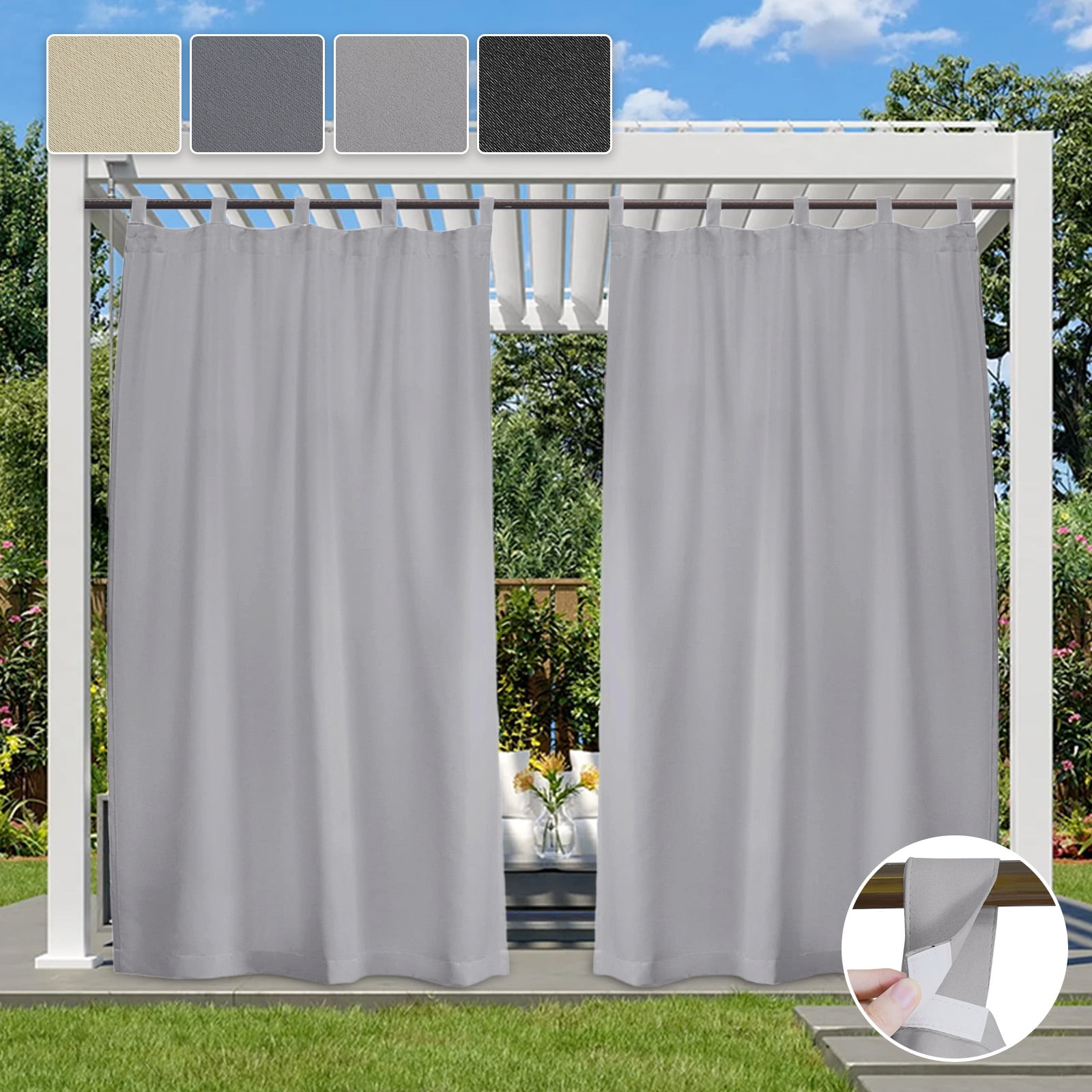 Lapalife Outdoor Patio Curtains Waterproof, Tab Top 52" x 84" Blackout Privacy Thermal Insulated Curtains for Pergola Porch, 1 Panel, Light Gray