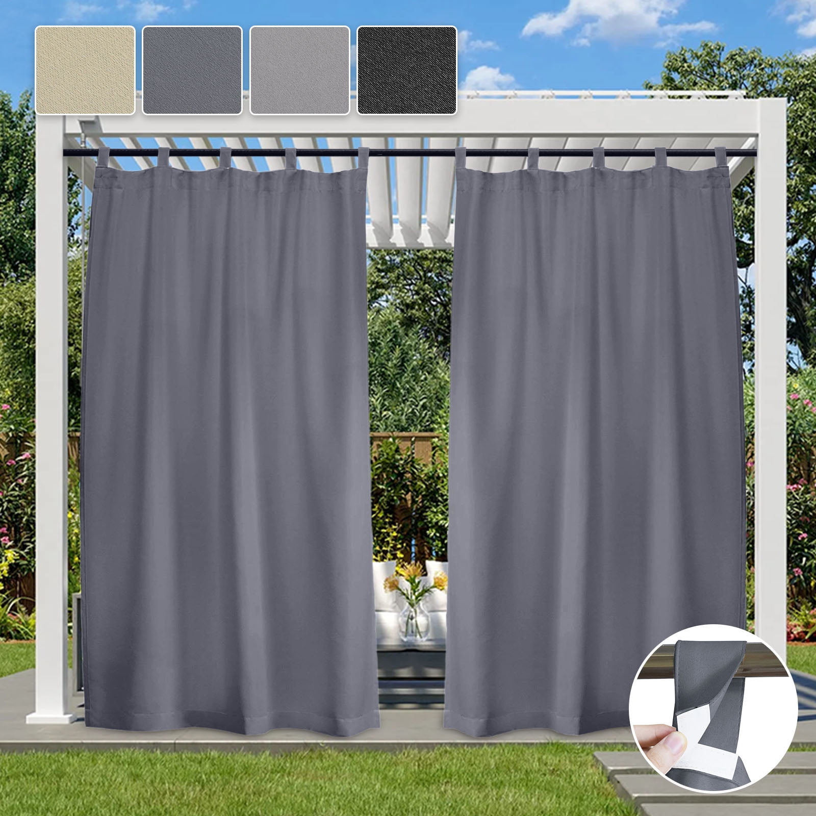 Lapalife Outdoor Patio Curtains Waterproof, Tab Top 52" x 96" Blackout Privacy Thermal Insulated Curtains for Pergola Porch, 1 Panel, Dark Gray