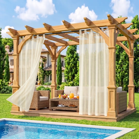 Lapalife Outdoor Sheer Curtains for Patio Waterproof, Detachable Sticky Tab Top Light Filtering Voile Drape, Weatherproof Privacy Screen for Porch/Pergola/Gazebo, 52 x 84 inch, Beige, 1 Panel
