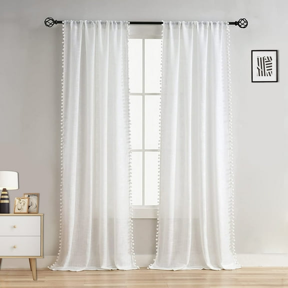 Lapalife Pom Pom Tasseled Sheer Curtains Rod Pocket Voile Curtains for Living Room Bedroom, Sigle Panel, 52"x 84"