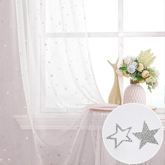 Lapalife Star Sheer Curtains 96 inches Long Silver Stamping Grommrt Top Curtain for Kid Room Bedroom, 1 Panel