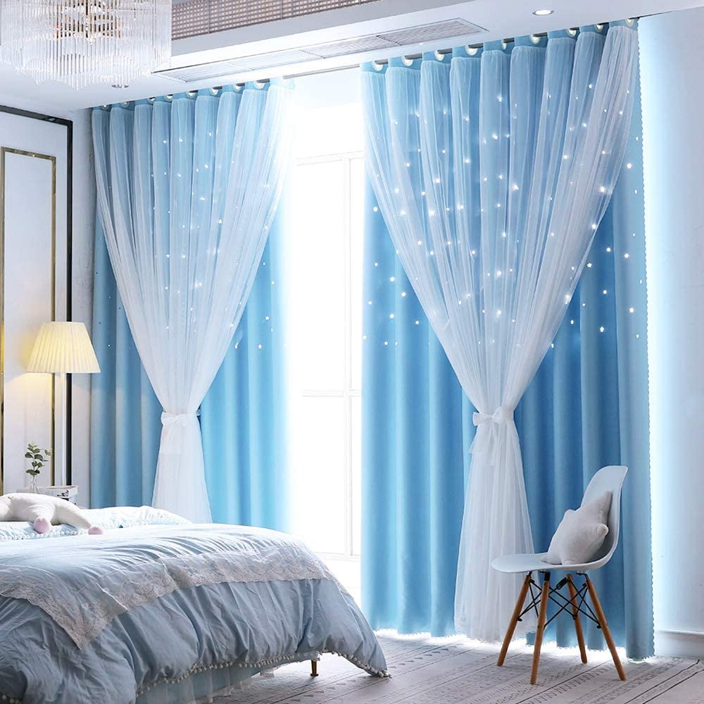 Lapalife Stars Blackout Curtains for Girls Bedroom Double Layer Star Cut Out Curtains Nursery Home Decor 1 Panel Baby Blue 51 x 63