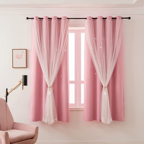 Lapalife Stars Blackout Curtains for Girls Bedroom, Double Layer Star Cut Out Curtains Nursery Home Decor, 1 Panel, Baby Pink, 51''x 84''