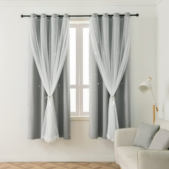 Lapalife Stars Blackout Curtains for Girls Bedroom, Double Layer Star Cut Out Curtains Nursery Home Decor, 1 Panel, Gray, 51''x 63''
