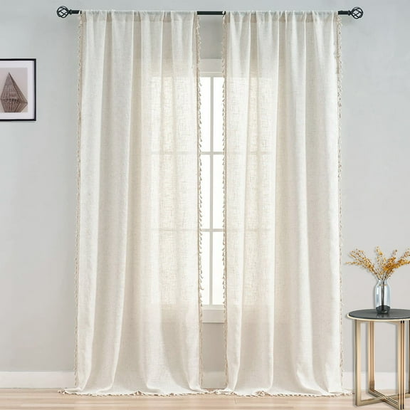 Lapalife Tassel Sheer Curtain Rod Pocket Boho Farmhouse Linen Window Drapes for Living Room Bedroom Decor, Sigle Panel, 52"x 84", Cream