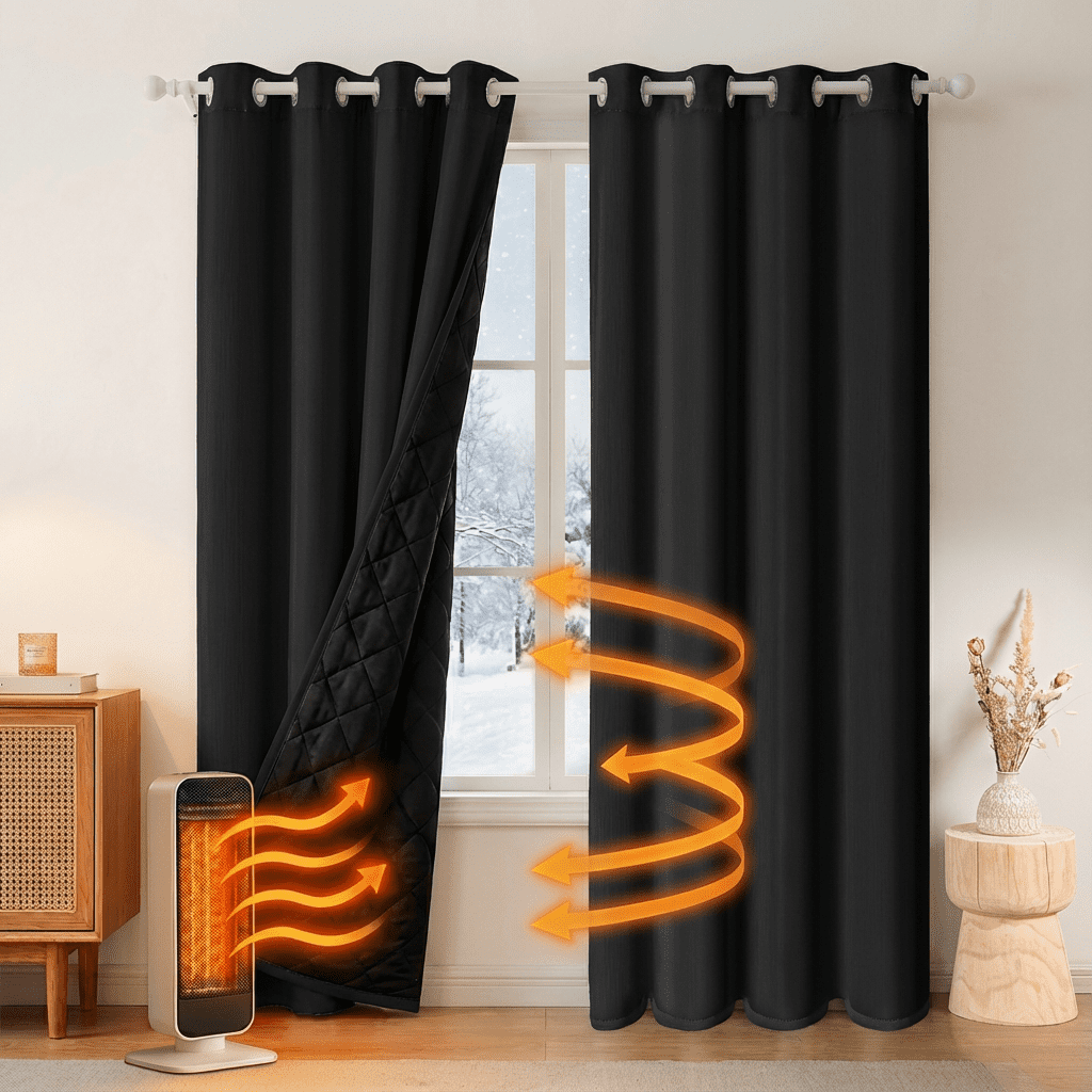 Lapalife Thermal Insulated 100% Blackout Curtains for Bedroom, 63 Inch Double Layer Thick Quilted Lining Grommet Curtain Noise Reducing for Living room, Bedroom, Black, 1 Panel