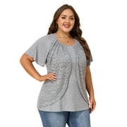 LAPAPLUS Plus Size Summer Tops for Women Butterfly Sleeve Lace Twofer Blouse Trendy Going Out, Gray XL-6XL