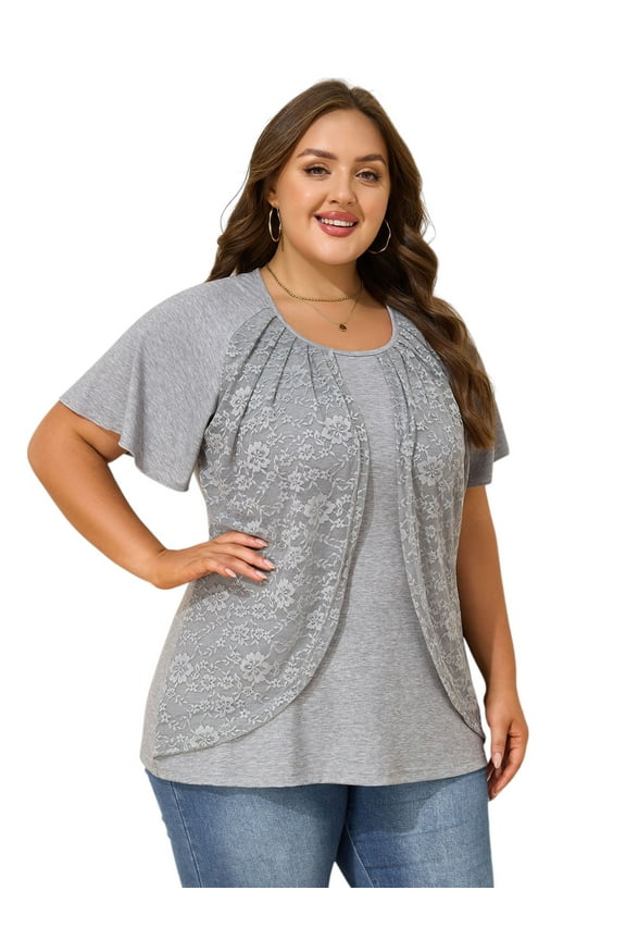 Plus Size Summer Tops for Women Butterfly Sleeve Lace Twofer Blouse Trendy Going Out, Gray XL-6XL