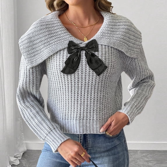 Lapel Cable Knit Sweater Women with Bow Pullover Ribbed Textured Pullover Sweaters Fall Winter Casual Oversized Tops