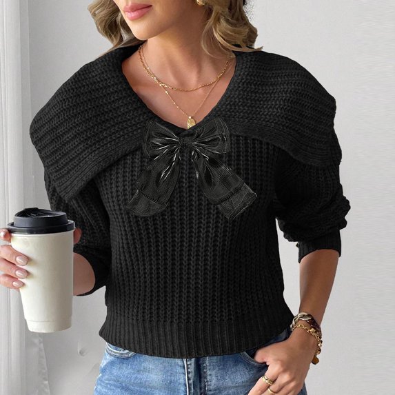 Lapel Cable Knit Sweater Women with Bow Pullover Ribbed Textured Pullover Sweaters Fall Winter Casual Oversized Tops