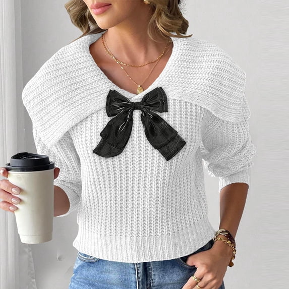 Lapel Cable Knit Sweater Women with Bow Pullover Ribbed Textured Pullover Sweaters Fall Winter Casual Oversized Tops