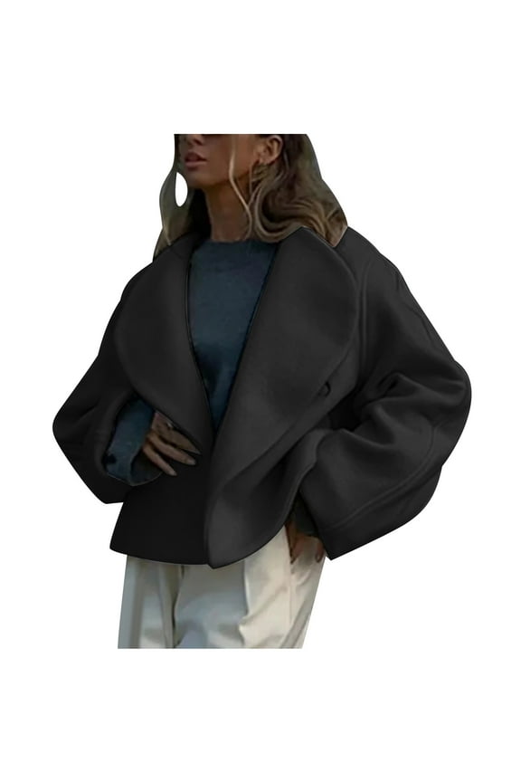 Lapel Cardigan for Women Solid Color Open Front Long Sleeve Casual Short Jacket Fashion Warm Woolen Outerwear (Black M)