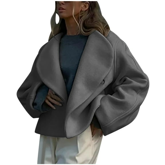 Lapel Cardigan for Women Solid Color Open Front Long Sleeve Casual Short Jacket Fashion Warm Woolen Outerwear (Gray M)