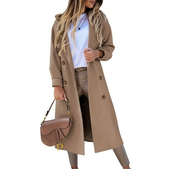 Lapel Collar Double Breasted Women's Winter Elegant Coats Long Notched Pea Coat