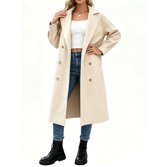 Lapel Collar Double Breasted Women's Winter Elegant Coats Long Notched Pea Coat