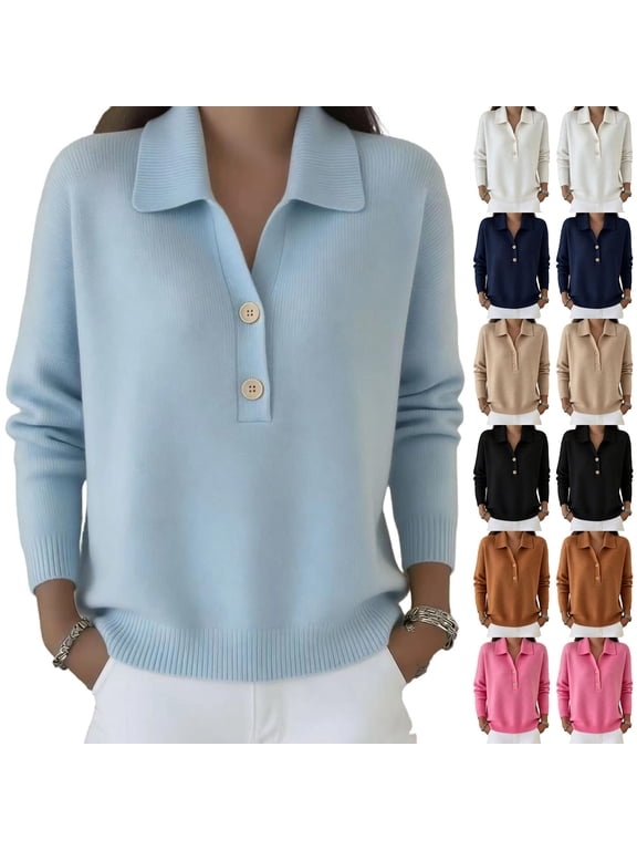Lapel Collar Knit Sweater For Women Two Buttons Henley Neck Shirts Long Ribbed Cuff Sleeve Loose Solid Pullover Top
