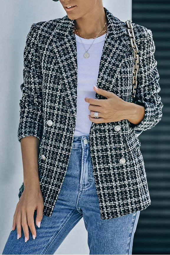 Lapel Collar Plaid Tweed Double Breasted Blazer