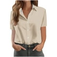 thumbnail image 1 of Lapel Collar Shirt for Women Casual Short Sleeve Button Blouse with Pocket Summer Comfy Daily Tops ,Beige,M, 1 of 4