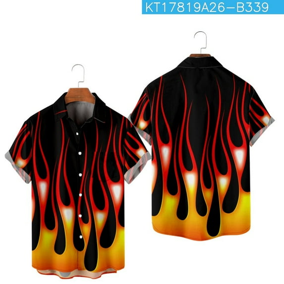 Lapel Color Flame 3D Print Shirt Short Sleeve Shirt Men's Casual Half Sleeve Cardigan Shirt XXS-4XL