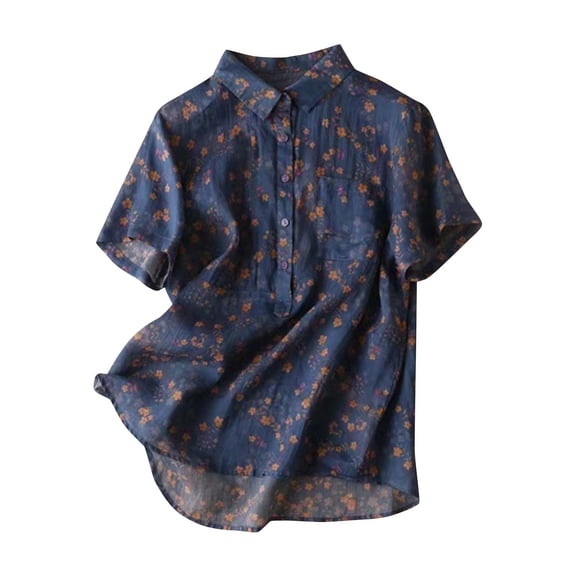 Lapel Cotton Linen Polo Shirts for Women Floral Pattern Fashion Short Sleeve Tops Summer Pullover for Resort Beach