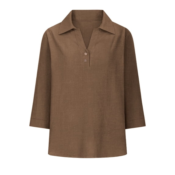 Lapel Down V Neck Cotton Linen Blouses for Women Dressy Casual Tops Summer 3/15 Sleeve Shirts Fashion Clothes Leisure Brown M