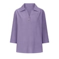 thumbnail image 1 of Lapel Down V Neck Cotton Linen Blouses for Women Dressy Casual Tops Summer 3/6 Sleeve Shirts Fashion Clothes Leisure Purple 2XL, 1 of 4