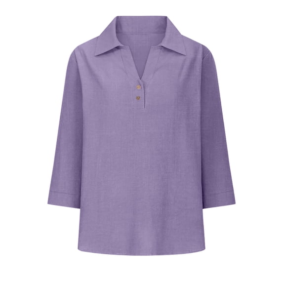 Lapel Down V Neck Cotton Linen Blouses for Women Dressy Casual Tops Summer 3/6 Sleeve Shirts Fashion Clothes Leisure Purple 2XL