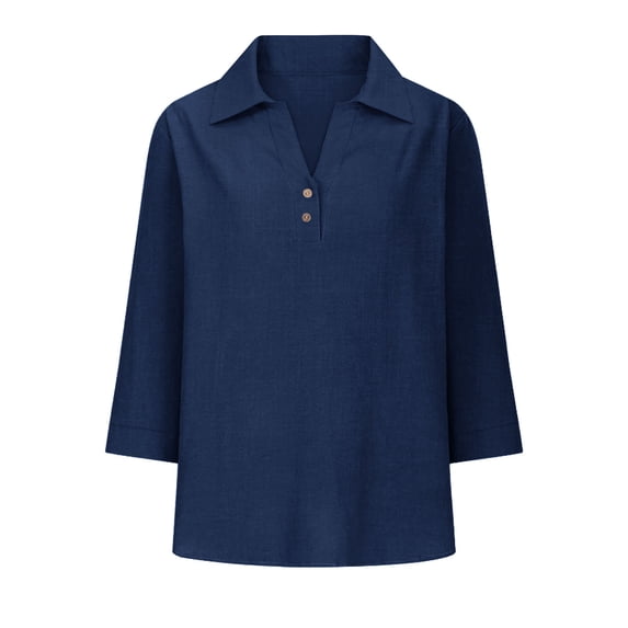 Lapel Down V Neck Cotton Linen Blouses for Women Dressy Casual Tops Summer 3/69 Sleeve Shirts Fashion Clothes Leisure Dark Blue 3XL