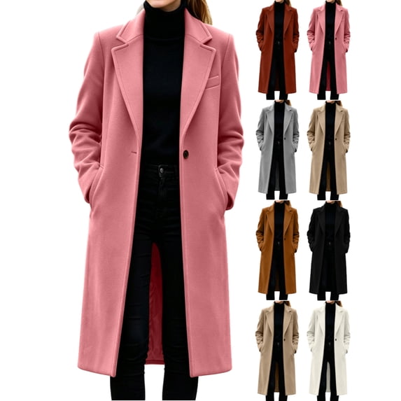 Lapel Pea Coats for Women Wool Blend Long Sleeve Button Down Casual Work Fall Winter Loose Woolen Long Coats