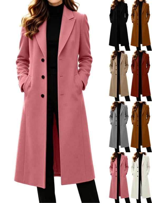 Lapel Pea Coats for Women Wool Blend Long Sleeve Single Breasted Longline Casual Work Everyday Commute Fall Winter Woolen Long Coats
