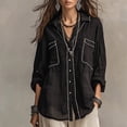 thumbnail image 1 of Lapel Shirts for Women Cotton Linen Blend Tops with Contrast Stitching and Breathable Fabric in Plus Size for Professional Office and Vacations (Black, Medium), 1 of 8