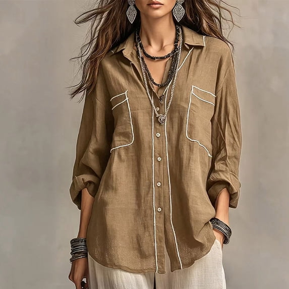 Lapel Shirts for Women Cotton Linen Blend Tops with Contrast Stitching and Breathable Fabric in Plus Size for Professional Office and Vacations (Khaki, Small)