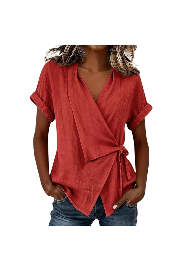Lapel V Neck Tie Front Irregular Shirts Tie Front Top Wrap Shirts For Women going out shirts Lapel V Neck Tie Front Irregular Shirts Loose Short Sleeve T Shirt Tie Waist Blouse