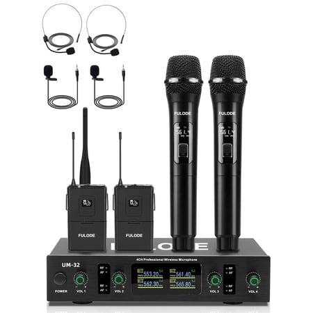 Lapel Wireless Microphone System with Headset & Lavalier Mics, 4 Channel UHF Metal Receiver with 2 Handheld Microphones & 2 Bodypacks, 300ft Range for Singing, Church, Karaoke, Wedding