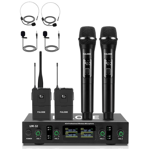 Lapel Wireless Microphone System with Headset & Lavalier Mics, 4 Channel UHF Metal Receiver with 2 Handheld Microphones & 2 Bodypacks, 300ft Range for Singing, Church, Karaoke, Wedding