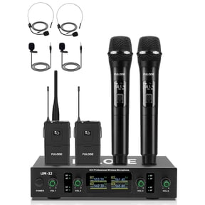 Lapel Wireless Microphone System with Headset & Lavalier Mics, 4 Channel UHF Metal Receiver with 2 Handheld Microphones & 2 Bodypacks, 300ft Range for Singing, Church, Karaoke, Wedding