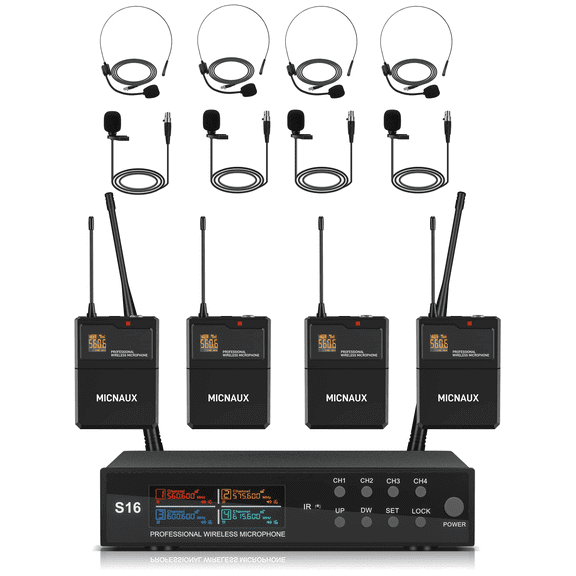 Lapel Wireless Microphone System with Headset & Lavalier Mics, Pro 4 Channel UHF Mics Set with Bodypack Transmitter & Metal Receiver, 200 Adjustable Frequency, 300ft Range for Church, Party