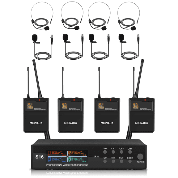 Lapel Wireless Microphone System with Headset & Lavalier Mics, Pro 4 Channel UHF Mics Set with Bodypack Transmitter & Metal Receiver, 200 Adjustable Frequency, 300ft Range for Church, Party