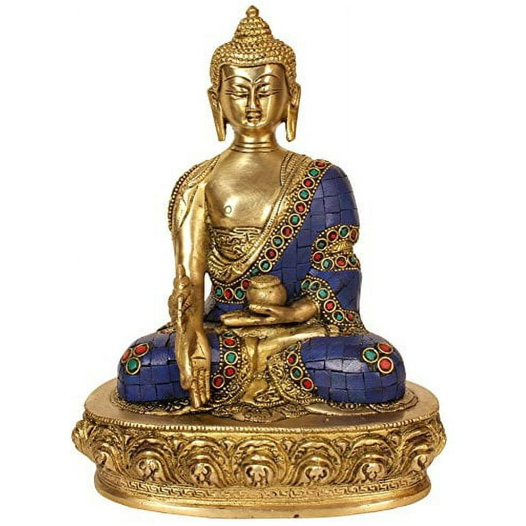 Lapis Buddha of Healing (Medicine Buddha) - Brass with Inlay Statue