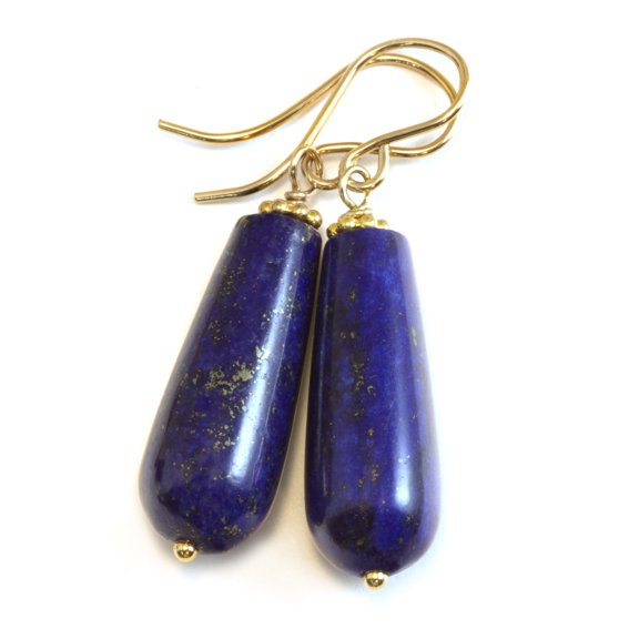 Lapis Earrings Blue Lapis Lazuli Smooth Rounded Teardrops Pyrite Flecks 14k Yellow Gold Filled Spyglass Designs