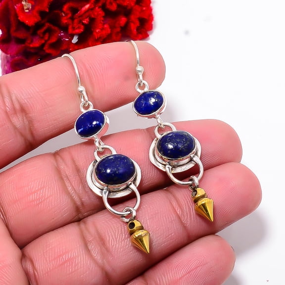 Lapis Lazuli - Afghanistan 925 Silver Two Tone Arrow Head Earring 2.34" E102848, Handmade Jewelry, Dangle Earring